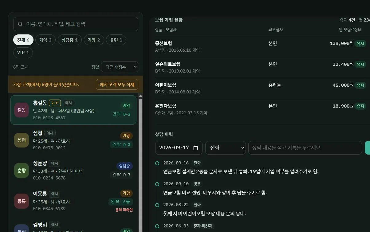 고객 카드를 펼친 화면. 보험 가입 현황에 상품과 보험사와 피보험자와 월 보험료가 줄지어 있고 그 아래 상담 이력이 날짜별로 쌓인 모습