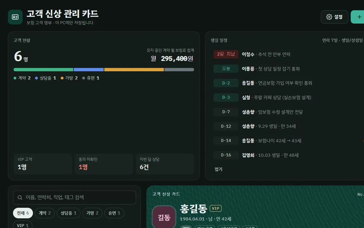 프로그램 메인 화면. 왼쪽에 고객 여섯 명과 유지 계약 월 보험료 합계, 오른쪽에 연락일과 생일과 상령일이 디데이로 늘어선 모습