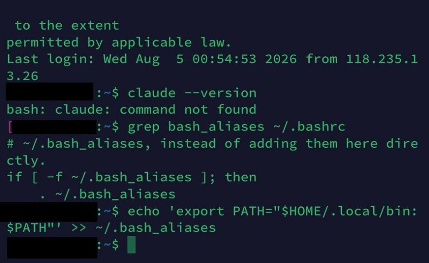 아이폰에서 클로드 코드 쓰는 방법 | Termius SSH 접속과 설치 2 bashrc 구조를 확인하고 bash_aliases 에 PATH 를 추가하는 화면