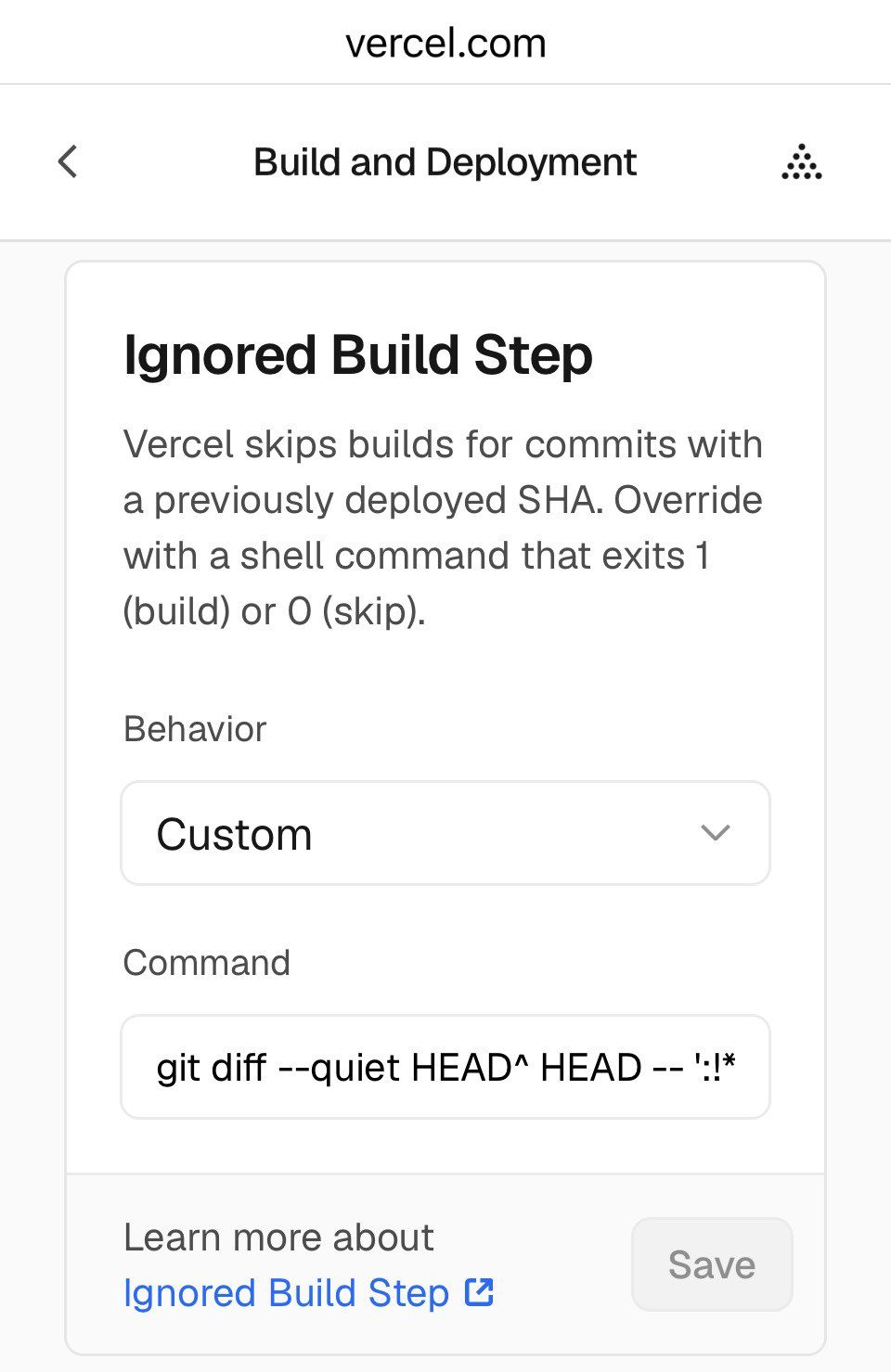 Vercel 프로젝트 설정의 Ignored Build Step 화면. Behavior 가 Custom 이고 git diff 명령이 들어 있다