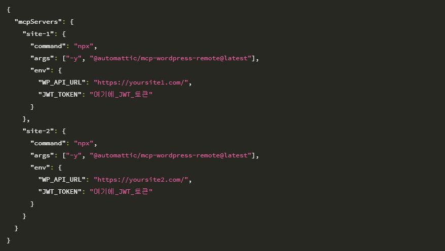 claude_desktop_config.json 에 mcp-wordpress-remote 를 npx 로 실행하도록 적은 설정 내용
