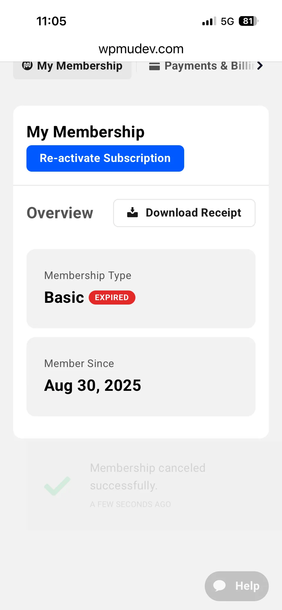 워드프레스 플러그인 구독 끊기 전에 볼 네 가지 | WPMU DEV 해지 기록 3 멤버십 종류가 Basic 이고 빨간색 EXPIRED 표시와 해지 완료 안내가 함께 있는 화면